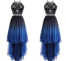 Gradient Chiffon Hi Lo Prom Party Dresses Beading Crystal Draped Halter Open Back Formal Evening Gowns Graduation Dress Pageant Dresses