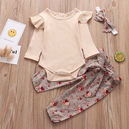 Baby Girl Clothes Newborn 3Pcs Set Autumn Girls Ruffles Solid Romper Bodysuit Floral Pants Headband Outfits 0-24 Months Clothing