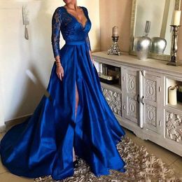 African Royal Blue Prom Dresses Sexy Lace Appliques 3/4 Long Sleeve Side Split Plus Size Formal Evening Wear Vestidos