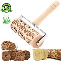 Christmas Embossed Rolling Pin Christmas Tree Wooden Baking Cookies Biscuit Fondant Cake Dough Engraved Roller Reindeer Snowflake