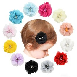 Europe Baby Girls Barrettes Chiffon Flower Beads Bobby Pin Hair Clip Kids Hairpins Candy Color Children Hair Accessory 12 Colors