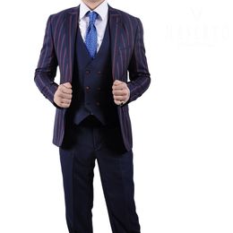 Khaki Stripe Mens 2 Piece Suits Peaked Lapel Slim Fit Groom Wedding Tuxedos Groomsman Formal Prom Suit (Jacket+Pants)
