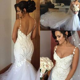 Exquisite Beads Train Mermaid Lace Wedding Dresses 2019 Fitted Spaghetti Straps Plus Size African Country Bride Dress Bridal Gown Custom