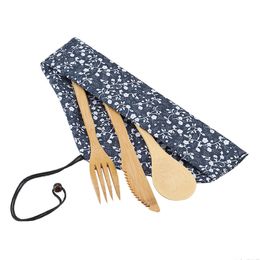 Portable Japanese Style Dinnerware Set Bamboo Knife Fork and Spoon with Cloth Bag Free Shipping WB320