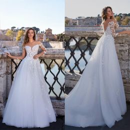 New Fashion A-Line Wedding Dresses Sheer Neck Long Sleeves Lace Appliques Backless Sweep Train Wedding Dress Bridal Gowns Vestidos De Noiva