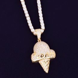 Gold Ice cream shape Necklace & Pendant 4mm Tennis Chain Cubic Zirconia Men's Women's Hip hop Street Rock Jewelry 2x1.1 Inch