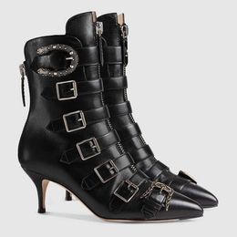 leather Free high 7CM satin Cowskin shipping flower heels metal pillage pointed toes SHOES Gladiator Motorcycle Ankle boots buckle black 31
