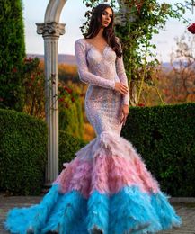 Ombre Sequined Mermaid Prom Dresses V Neck Feather Long Sleeves Formal Dress Plus Size Sweep Train Beaded Evening Gowns