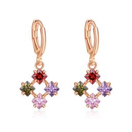 Wedding Party Gift Earring Wholesale 5 Pairs /Lot Lady Colored Square Cubic Zirconia Crystal Gems Rose Gold Fashion Drop Earrings