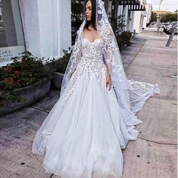 Amazing Beach Lace Wedding Dresses Beaded Strapless Neck Appliqued Bridal Gowns A Line Sweep Train Tulle Boho Vestido De Novia