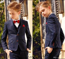wear pocket square UK - Three Piece Kids Wedding Suits New Arrival Peaked Lapel Custom Made Boys Formal Wear (Jacket + Pants +Pocket Square +Bow Tie) Gowns For Boys