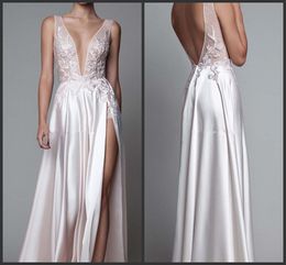 new berta sexy slipt white silk evening dresses deep v plunging neckline backless floor length prom dresses 099