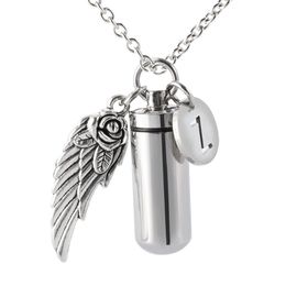 Cremation Jewelry Creative 26 letter Urn Necklace for Ashes with Angel Wing Charm & Cylinder Stainless Steel Memorial Pendant