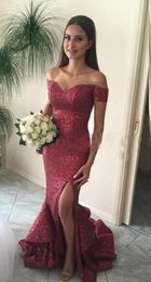 Burgundy Sexy Bare Back Turkish Sequin Formal Evening Dress Saudi Arabian Sparkly off shoulder Satin Evening Dress