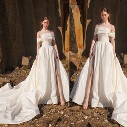 Elegant Eva Lendel Wedding Dresses A Line Off Shoulder Satin Bridal Gowns Sweep Train Backless Wedding Dress Vestido