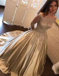 Modest Gold Ballkleid Abendkleider Scoop Neck Lange Illusion Ärmel Satin Günstige Plus size Quinceanera Prom Sweet 16 Party Dress