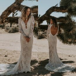 bohemia mermaid wedding dresses v neck long sleeve full lace boho backless bridal gowns beach garden country wedding dress