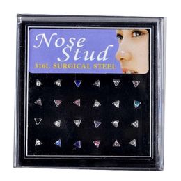 Healthy Surgical 316L Stainless Steel Triangle Rhinestone Nose Stud White/ Coloured Gems Studded Piercing Jewelry 24pcs/set