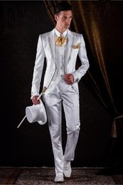 Bridalaffair Latest Coat Pant Designs Ivory/White Satin Embroidery Italian Men Suits Groom Jacket Long Wedding Tuxedo Costume Homme Mariage