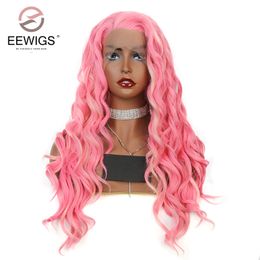 Long Body Wave Lace Front Wigs Pink Color Glueless Full Density Synthetic Wigs for Women Heat Resistant Fiber Hair Free Parting