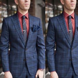 British Mens Wedding Tuxedos Classic Plaid Peaked Lapel Groom Pants Suits Fashion Man Blazer Jackets 2 Pieces