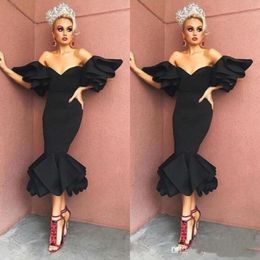 Black Tea Length Off-the-Shoulder Prom Party Dresses Ruffles Short Sleeve Short Evening Gown Satin Women's Cocktail Dress