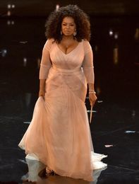 Oprah Winfrey Oscar Celebrity Blush Pink Mother Of The Bride Dresses V Neck Tulle Long Sleeves Draped Sweep Train Party Formal Eve258j