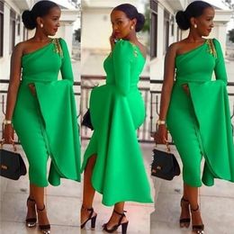 Spring 2020 High Quality Cocktail Dresses Sexy Asymmetrical Neckline One Shoulder Puffy Long Sleeve Fitted Green Evening Dresses Party