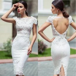 New 2020 Unique Lace wedding Reception Dresses With Knee Length Sheath Cap Sleeves Hollow Back Short Garden Wedding Dresses Bridal Gowns