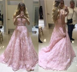 Sexy Pink Prom Dresses Deep V Neck Lace Appliques Beads Sleeveless Open Back Sweep Train Plus Size Custom Party Dress Evening Gowns