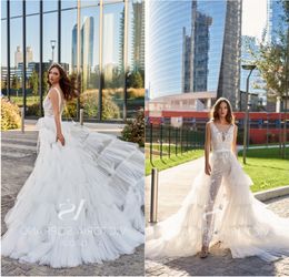 Sexy Mermaid Wedding Dresses with Detachable Train Sheer Jewel Neck Lace Appliques Bridal Gowns Illusion Lace-up Back Beach Wedding Dress