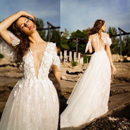 bohenmian bridal dresses v neck lace appliqued sleeveless wedding dress sheer back ruffle sweep train custom made robes de marie