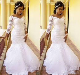 Nigerian African Plus Size Mermaid Wedding Dresses Off Shoulder Appliques Sequined Long Sleeves Sweep Train Arabic Bridal Gowns Vestidos