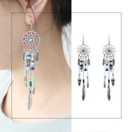 Fashion Long Tassel Earring Dream Catcher Style Drop Earrings Owl Feather Buddha Charms Coloured Acrylic Gemstone Beads Fringed Eardrop