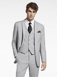New High Quality Two Button Light Grey Groom Tuxedos Notch Lapel Groomsmen Best Man Suits Mens Wedding Suits (Jacket+Pants+Vest+Tie) 736