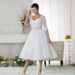 2020 Wedding Gowns 1/2 sleeve Plus Size lace Wedding Dresses Cheap Beach Chiffon Tea Length Plus Size White Ivory Formal Women Wear 1203