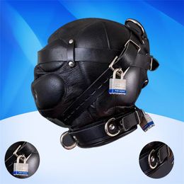 Adult Toys Manufacturer Direct Sale Bondage Full Leather Total Sensory Deprivation Bondage Hood With Locking Buckles Sex Headgear