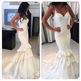 Stunning Spaghetti Straps Mermaid Lace Wedding Dresses Tiers Beads Tulle African Country Applique Bridal Gown Church Bride Dress Custom