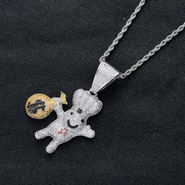 New Style 18K Gold Plated Iced Out CZ Zirconia US Dollar Sign Money Bag Doll Pendant Chain Necklace Hip Hop Rapper Jewelry for Men and Women