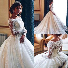 Elegant Ivory Full Lace Wedding Dresses Off Shoulders Sheer Long Sleeves Ball Gown Tulle Bridal Gowns with Button Covered Vestidos De Mariee
