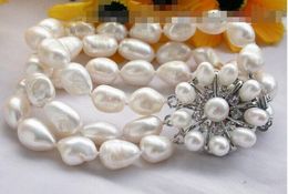 FREE SHIPPING + + 3row 13mm white baroque freshwater cultured pearl bracelet