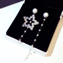 new hot fashion designer luxury super glittering rhinestone cute star pearl long dangle chandelier stud earrings Jewellery for woman girls