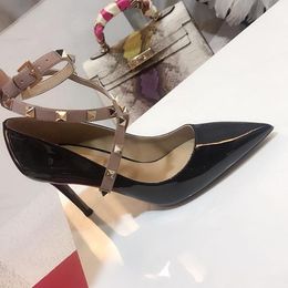 Hot Sale-Designer women high heels party fashion rivets girls sexy pointed shoes Dance wedding shoes ankle straps sandals Women Stud Sandals