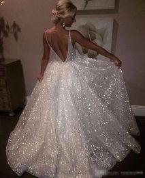 White Sparkle Sequins Evening Dresses Deep V Neck Sexy Long Prom Dress Cheap Pageant Party Gowns Special Occasion Wear