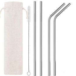 Set of 6 Stainless Steel Drinking with Cleaning and Straight 2pcs Bent Straw Brush 1pcs Pouch Drink Straws