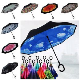 Creative Inverted Folding Reverse Umbrella Double Layer Inverted Windproof Rain Car Umbrellas with C Handle UmbrellasT2I5720