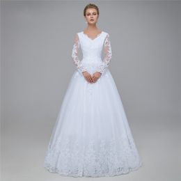 White A-line Lace Tulle Modest Wedding Dresses With Long Sleeves v Neck Floor Length Country Western Modest Brdail Gowns Custom Made