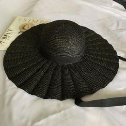 Elegant Black Natural Straw Hat Women with Lace Up Wide Brim Lotus Leaf Straw Hats Ribbon Girl Summer UV Sun Hat Beach