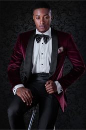 Burgundy Velvet Groom Tuxedos Black Lapel Groomsmen Wedding Dress Autumn Winter Style Men Formal Party Prom Suit(Jacket+Pants+Tie+Girdle)764