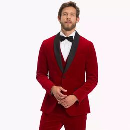 Fashion Red Velvet Groom Tuxedos Autumn Winter Style Groomsmen Men Wedding Dress Man Jacket Blazer 3 Piece Suit(Jacket+Pants+Vest+Tie) 1091